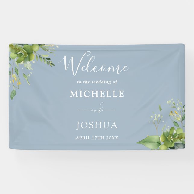 Banderoles Verdure Floral Dusty Blue Mariage Bienvenue (Horizontal)