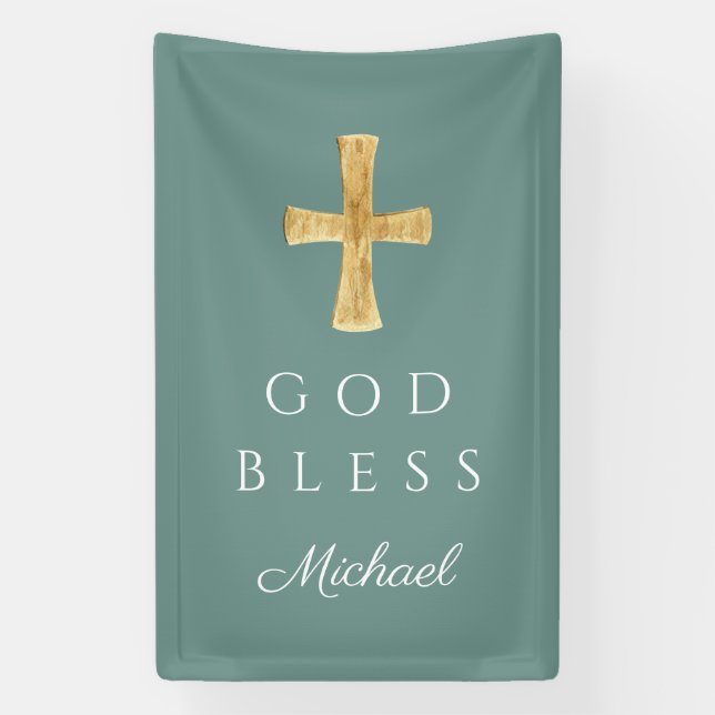 Banderoles Vert moderne Croix religieuse Dieu béni (Verticale)