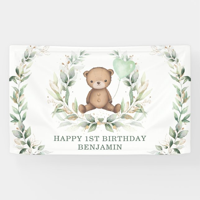 Banderoles Vert Ours Teddy Balloon Jaune Joyeux Anniversaire (Horizontal)