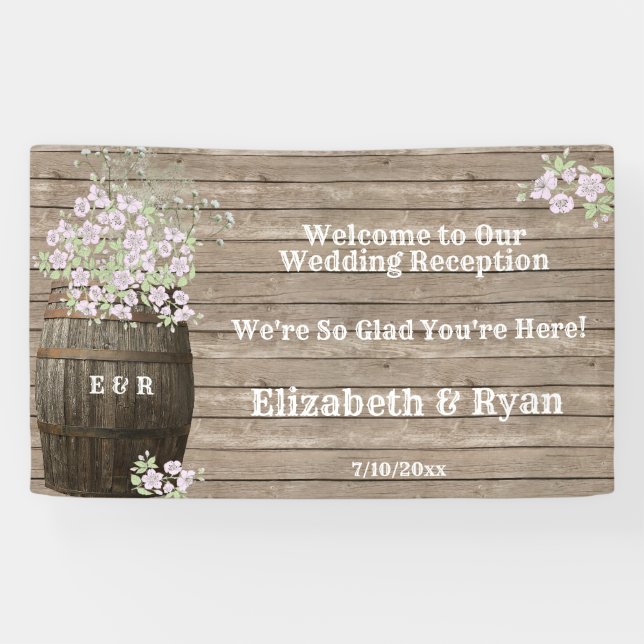 Banderoles Vin Baril Pays Rustique, Fleurs Roses, Personnalis (Horizontal)