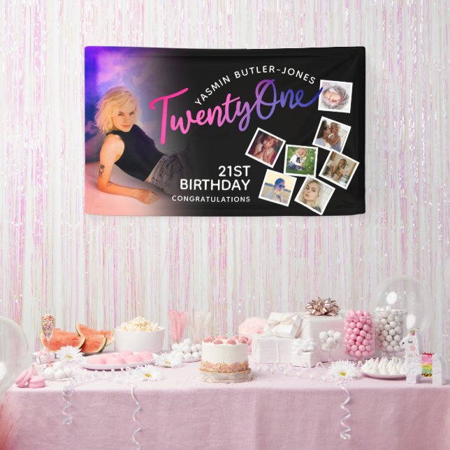 Banderoles Vingt et un 21e anniversaire photo rose violet noi (Fête)