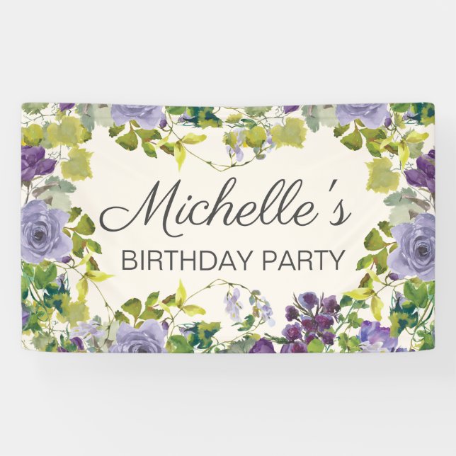 Banderoles Violet Floral Vert Feuille Anniversaire féminin (Horizontal)