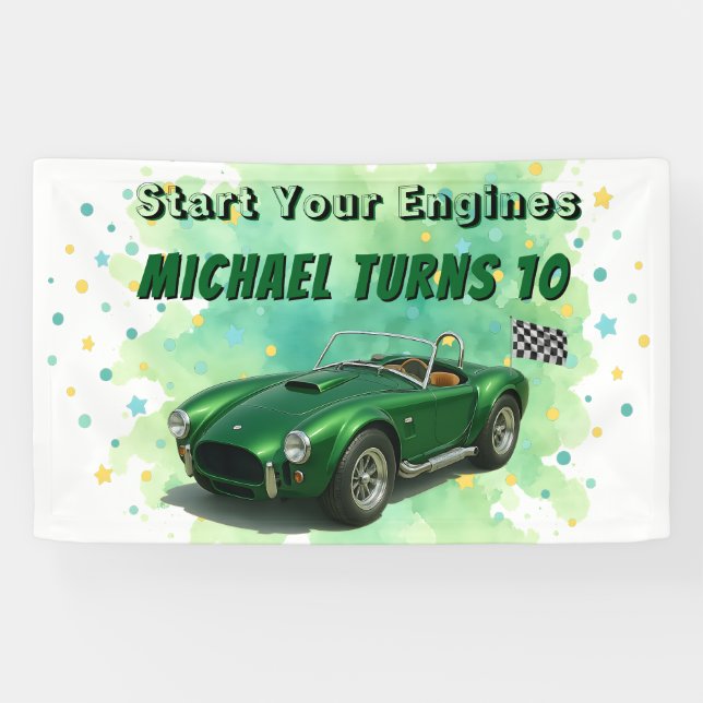 Banderoles Voiture de course verte de fête d'anniversaire 10  (Horizontal)