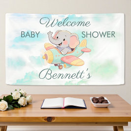 Banderoles Watercolor Elephant Airplane Baby Shower Banner