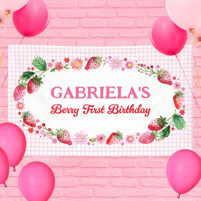 Banderoles Watercolor Strawberries Girl's Berry 1er anniversa (Watercolor Strawberries Girl's Berry 1st Birthday Banner)