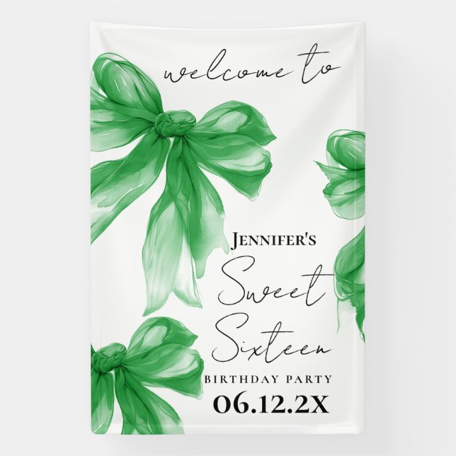 Banderoles Welcome Green Bow Coquette Script Sweet 16  (Verticale)