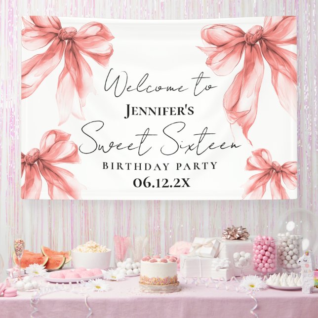 Banderoles Welcome Rose Gold Bow Coquette Script Sweet 16  (Fête)