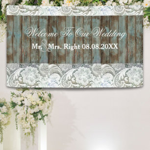 Banderoles western country bleu grange bois dentelle mariage