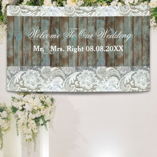 Banderoles western country bleu grange bois dentelle mariage (western country blue barn wood lace wedding banner)