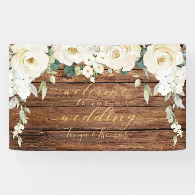 Banderoles White Peony Gold Calligraphie Bois Bienvenue (Horizontal)