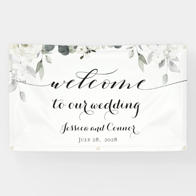Banderoles White Peony Green Bienvenue À Notre Mariage (Horizontal)