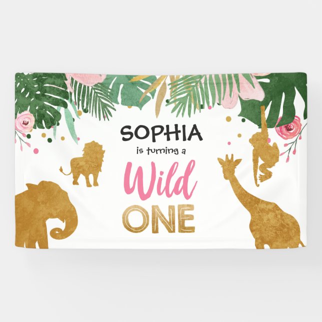 Banderoles Wild One Birthday Banner Safari Jungle Girl Zoo (Horizontal)