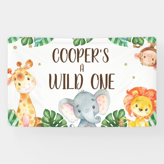 Banderoles Wild One Safari Animaux Garçons Anniversaire Banni (Horizontal)