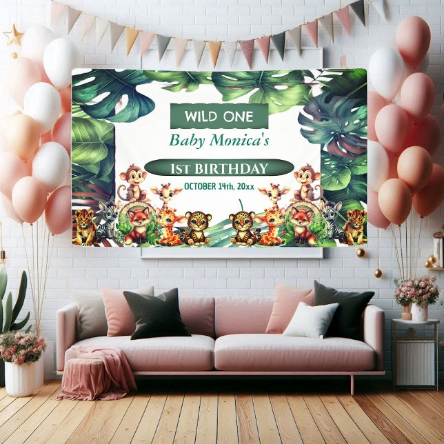 Banderoles Wild Un Anniversaire Jungle Safari Feuilles tropic (Wild One Birthday Jungle Safari Tropical Leaves Banner)