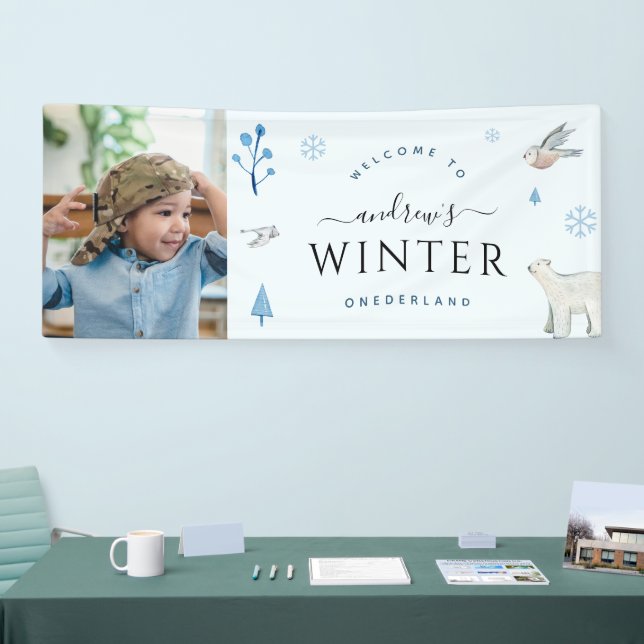 Banderoles Winter Onederland Boy Photo Hiver 1er anniversaire (Salon professionnel)