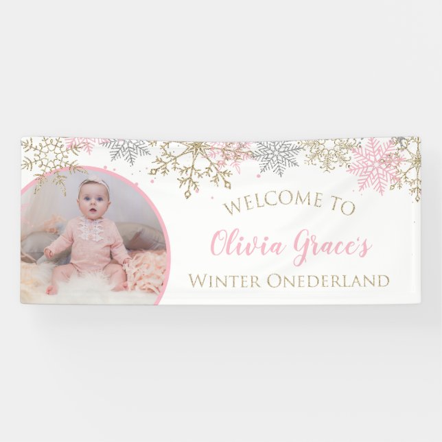 Banderoles Winter Onederland Pink and Gold Snowflakes Photo (Horizontal)