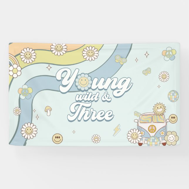 Banderoles Young Wild Three Retro Rainbow 3e anniversaire (Horizontal)
