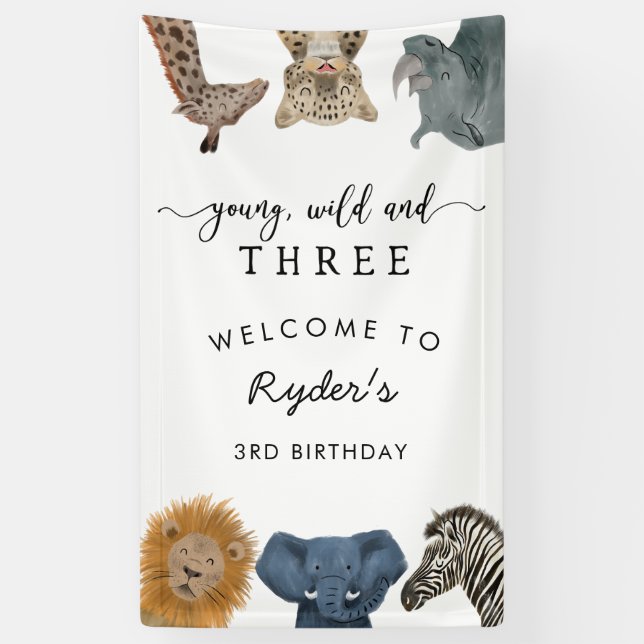 Banderoles Young Wild Three Safari Boy Birthday Party (Vertical)