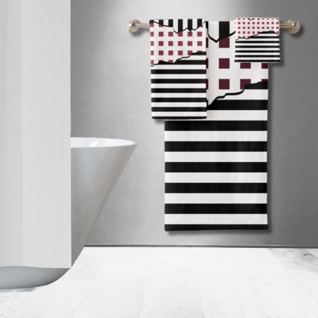 Bandes Élégantes Net Noir, Blanc, Rouge (Stylish Stripes Net Black, White, Red Layered Bath Towel Set)