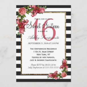 Bandes roses et Gold Sweet 16 Invitations