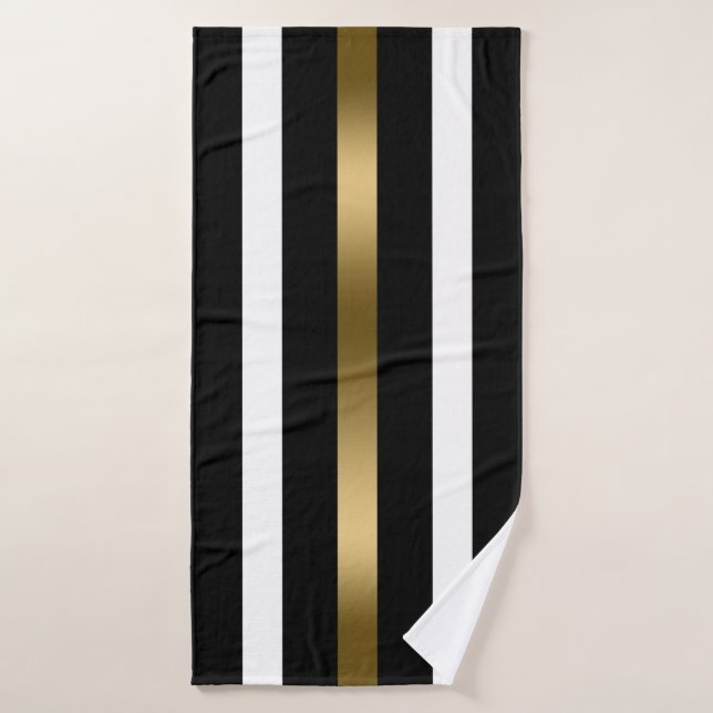 Bandes verticales noir et blanc or accents (Serviette de bain)