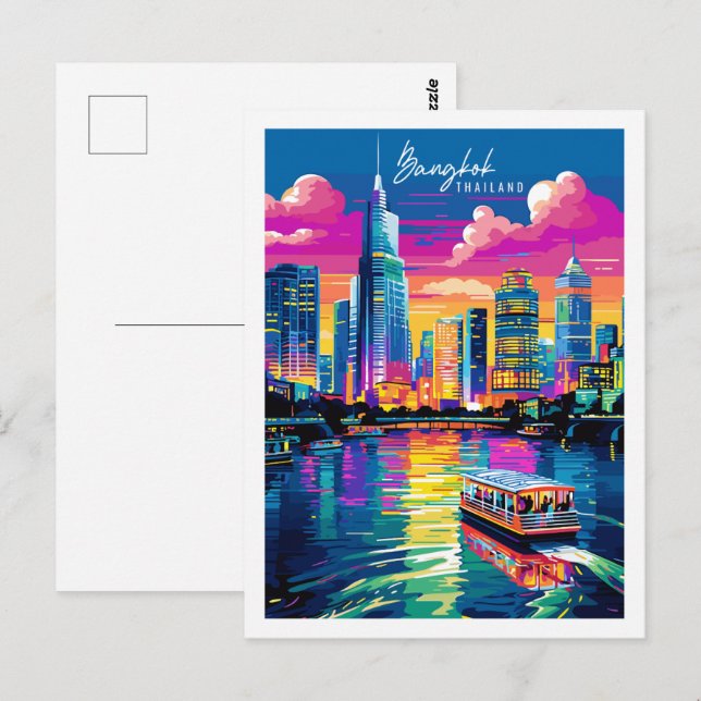 Bangkok Thailand Vintage-Reise-Illustration Postkarte (Vorne/Hinten)