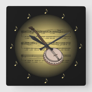 Banjo 3-D Gold Globe ~ Sheet Music ~ Black BG ~ * Quadratische Wanduhr