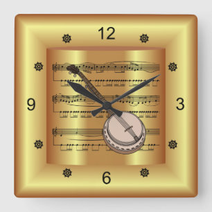 Banjo ~ Curved Sheet Music ~ Gold Background ~ Quadratische Wanduhr