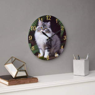 Banjo der Perser: Ein flauschiges Grau und Weiße F Große Wanduhr