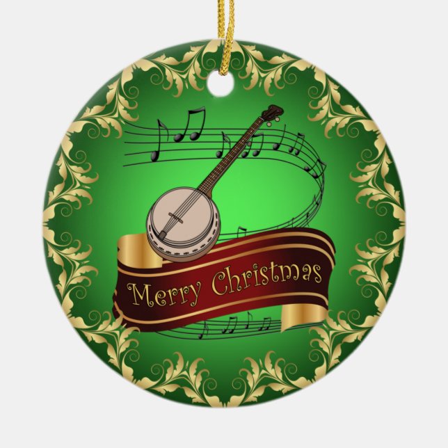 Banjo ~ Musical Scroll ~ Frohe Weihnachten ~ * Keramik Ornament (Vorne)