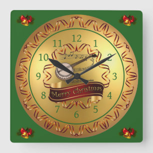 Banjo ~ Musical Scroll ~ “Merry Christmas”  Quadratische Wanduhr