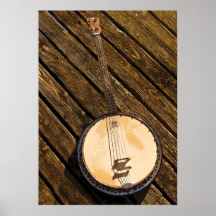 Banjo-Musik-Instrument auf hölzernem Plakat