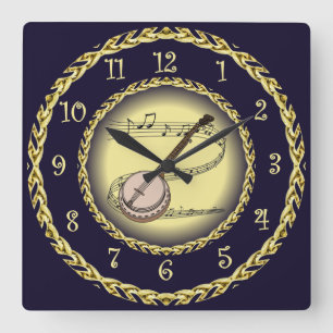 Banjo ~ Musikalische Scroll ~ Gold/Navy Blue ~ Quadratische Wanduhr