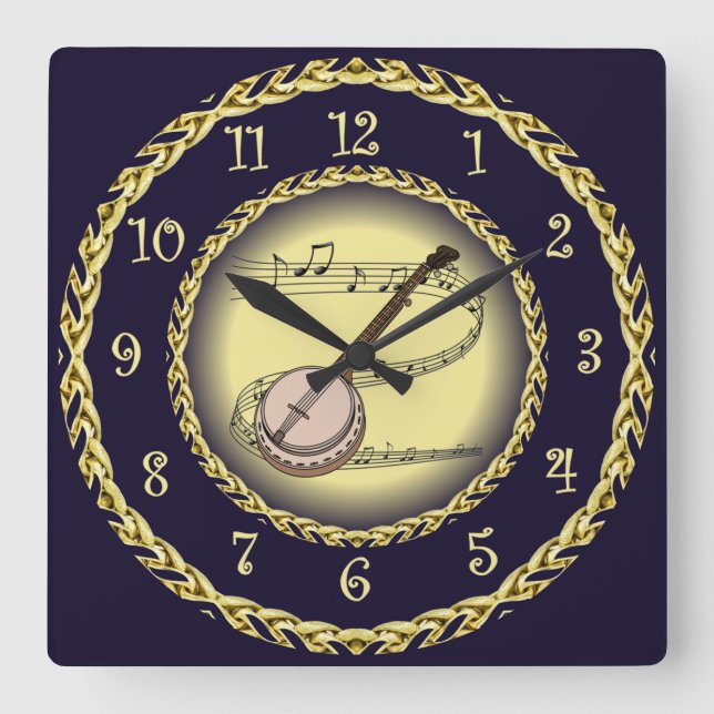 Banjo ~ Musikalische Scroll ~ Gold/Navy Blue ~ Quadratische Wanduhr (Vorderseite)