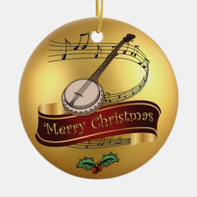 Banjo ~ musikalisches Rolle ~ Goldfrohe Keramik Ornament (Vorne)