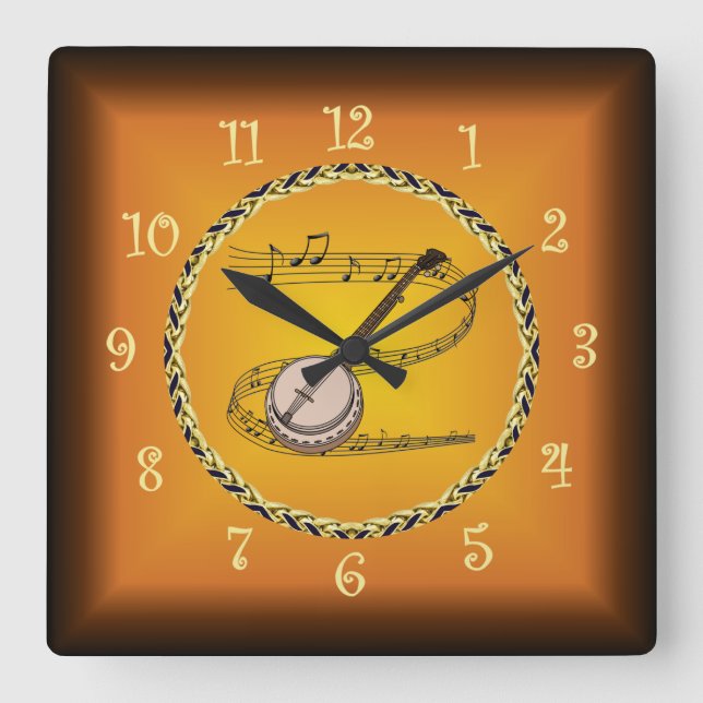 Banjo on Musical Scroll & Russet Orange ~ Quadratische Wanduhr (Vorderseite)