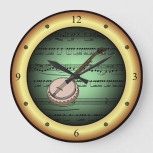 Banjo on Sheet Music Green on Gold Background Große Wanduhr