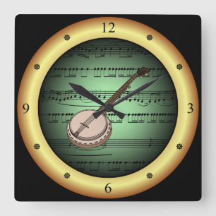 Banjo on Sheet Music Green on Gold Background Quadratische Wanduhr