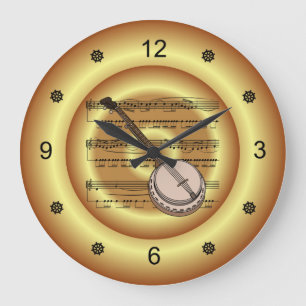 Banjo ~ Sheet Music ~ Gold Background ~ Große Wanduhr
