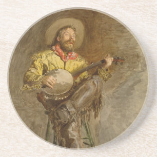 Banjo spielender Ranchero singender Cowboy im alte Getränkeuntersetzer