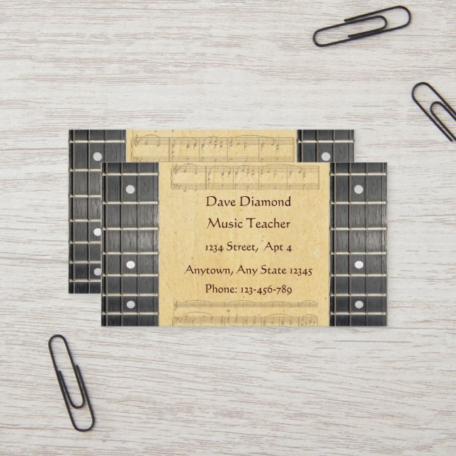 Banjo Strings Fretboard Sheet Music Business Cards Visitenkarte (Vorderseite/Rückseite Beispiel)