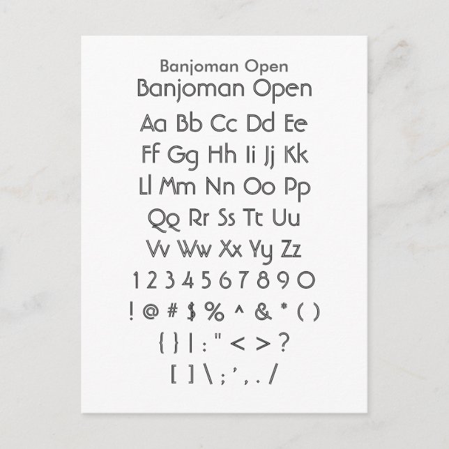 Banjoman Open - Zazzle Schriftart Sampler Sheet Postkarte (Vorderseite)