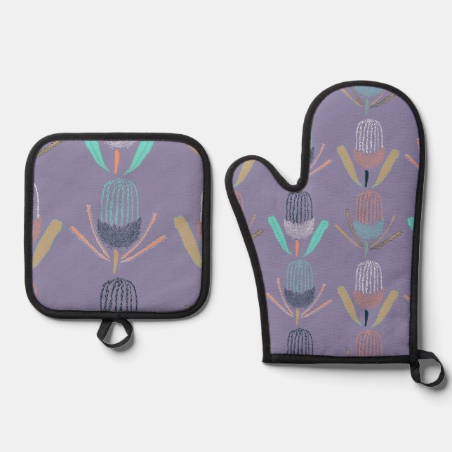 Banksia Lilac Ofenhandschuh & Topflappen-Set (Vorderseite)