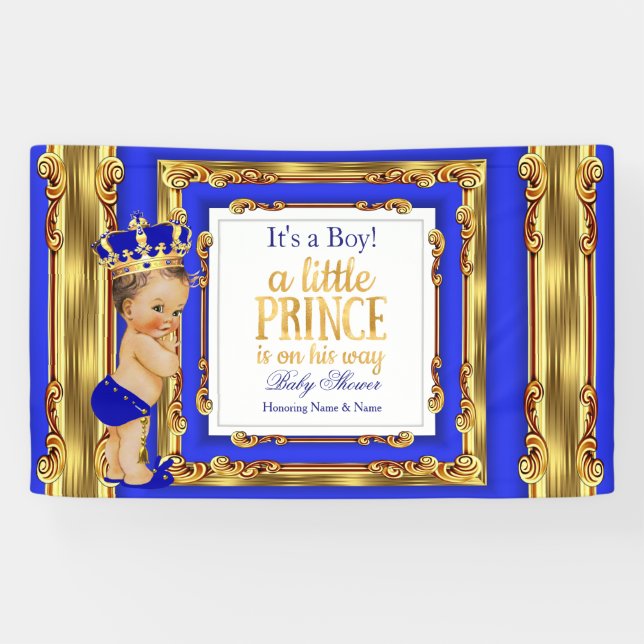Banner Prince Baby Dusche Royal Blue Gold Brünett (Horizontal)