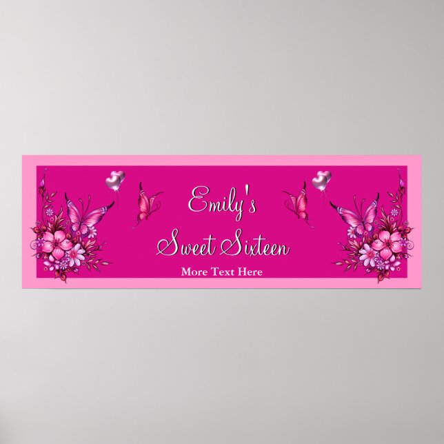 Banner Sweet 16 Rosa Blume Schmetterling Geburtsta Poster (Vorne)