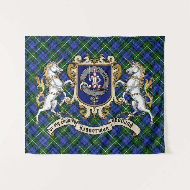 Bannerman Clan Abzeichen & Unicorns w/Tartan Wandteppich (Vorderseite (Horizontal))