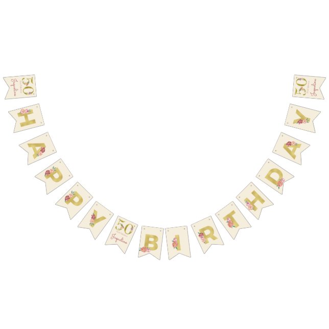 Bannière À Fanions 50e anniversaire Floral Gold Elegant Feminine (Tout)