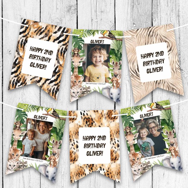 Bannière À Fanions Animaux Safari Theme Garçon photo d'anniversaire (Any Age Jungle Safari Birthday Photo Bunting Flags.)
