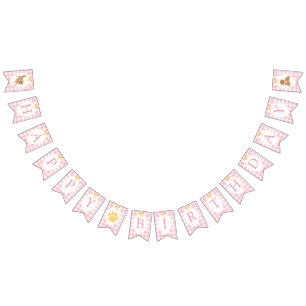 Bannière À Fanions Anniversaire Gingham Rose Golden Retriever