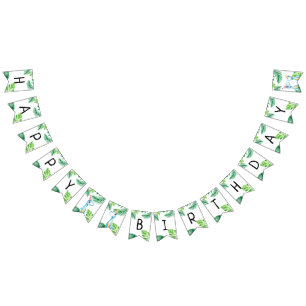 Bannière À Fanions Aquarelle Bleu Trex Vert Enfants 3e anniversaire